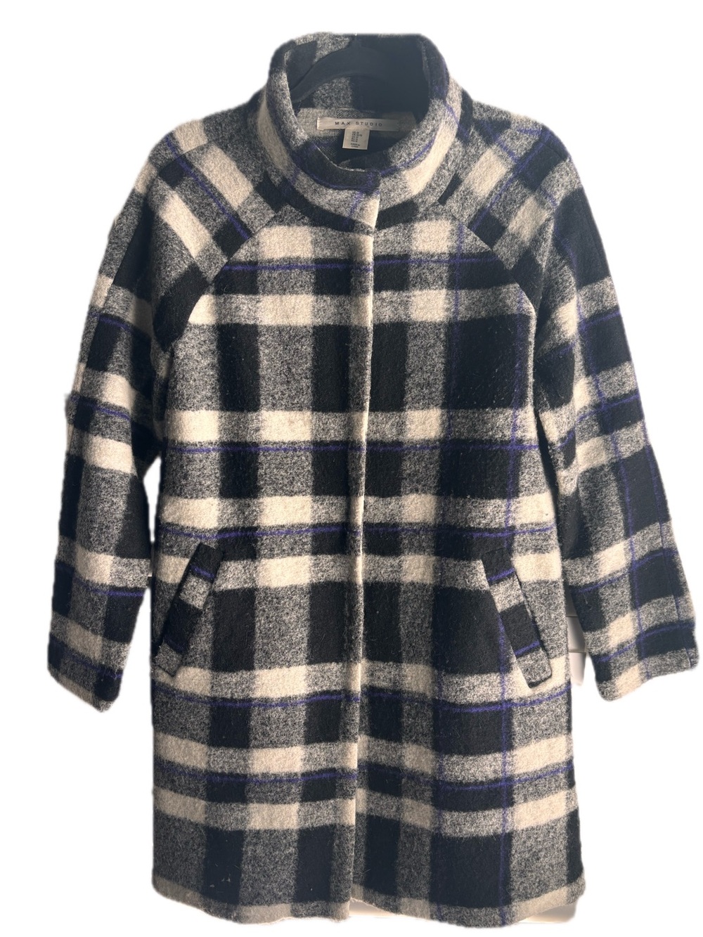 Max Studio Black, White & Purple Plaid Wool Coat